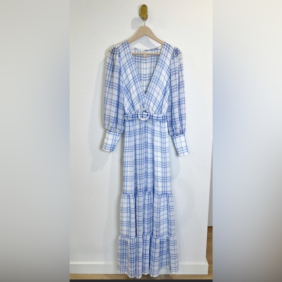 Bec + Bridge Alexa Blue White Gingham V Neck Belted Maxi Dress US 2 - Picture 6 of 14